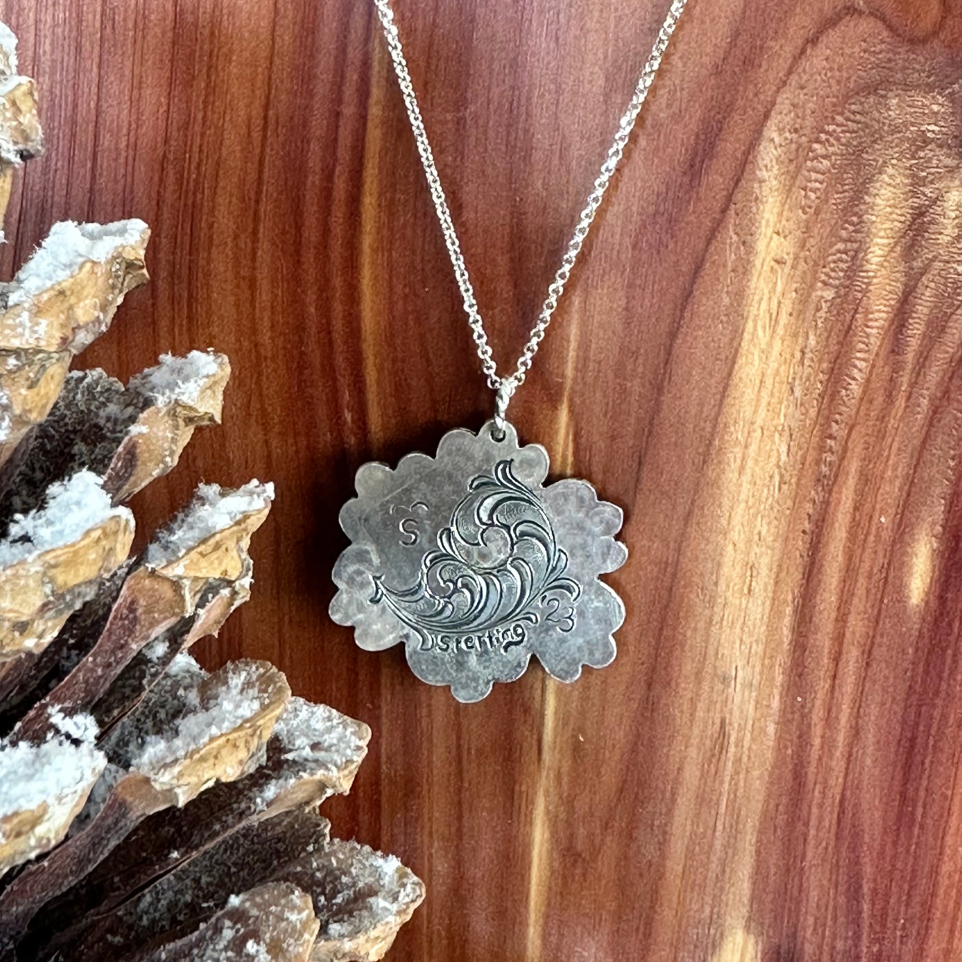 sterling silver flower pendant with engraving