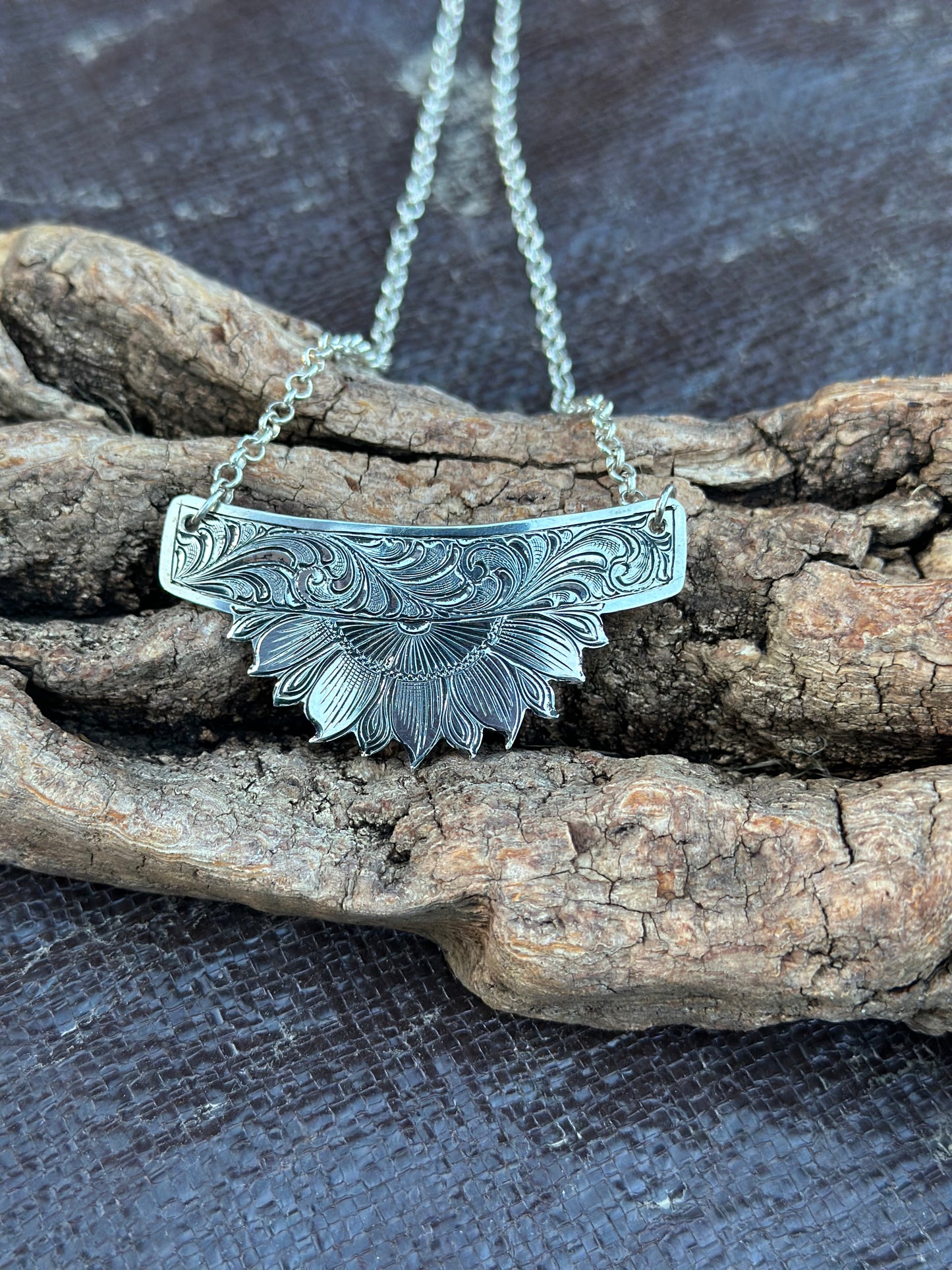 sterling silver sunflower and bar pendant