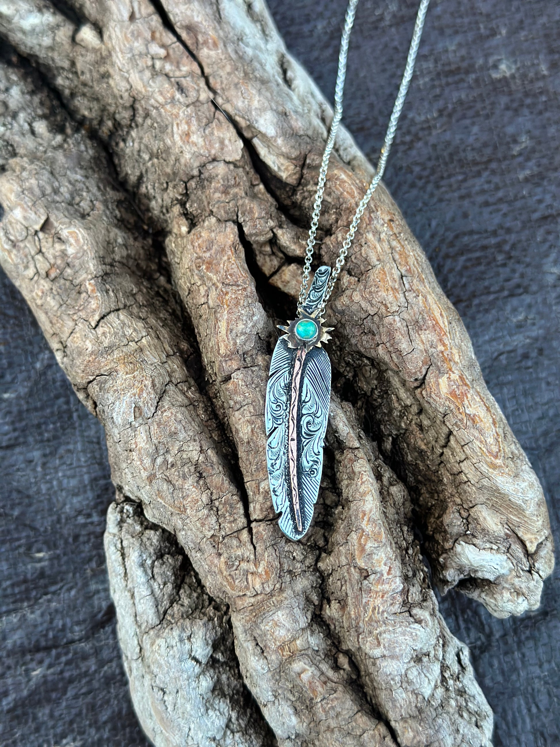 sterling silver feather pendant with turquoise and chain 